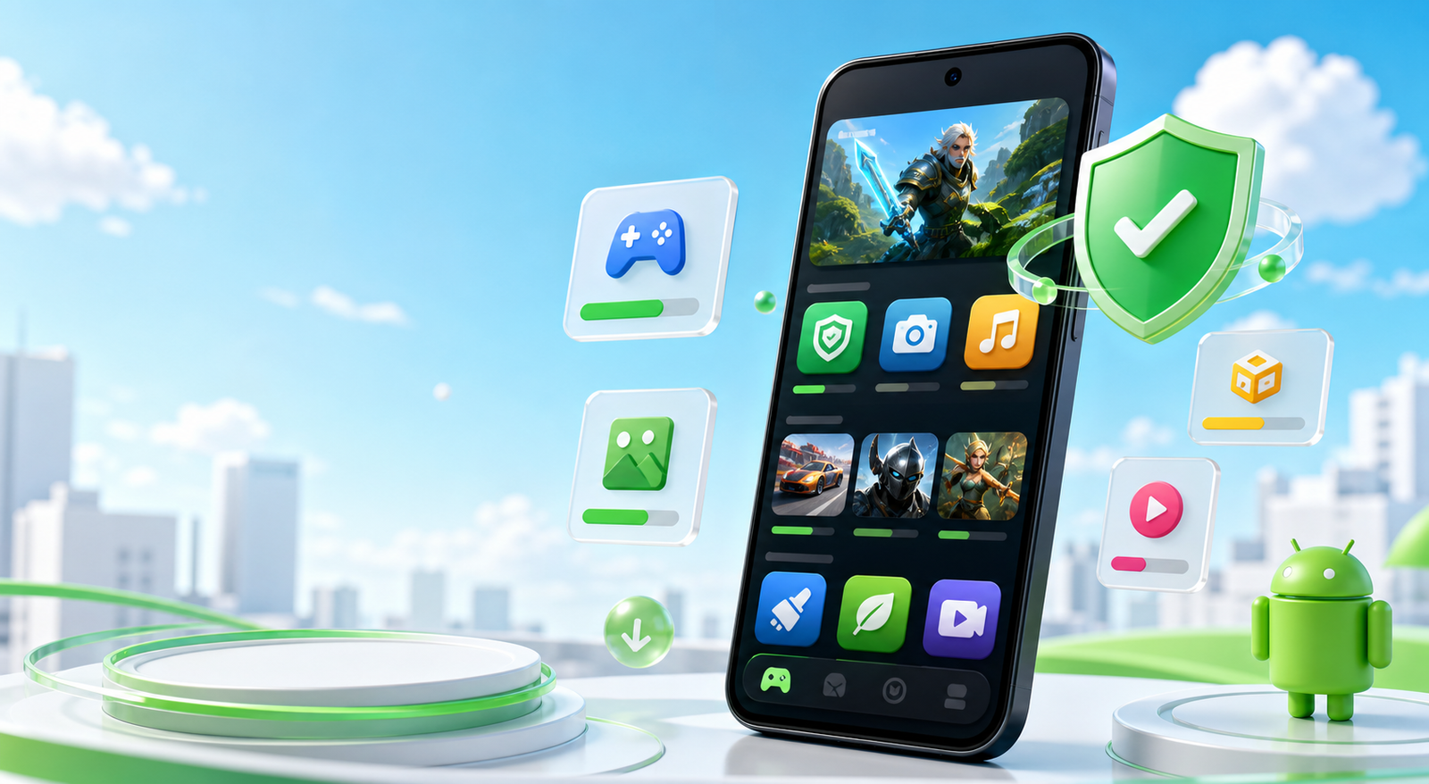 Android phone surrounded by app, game, download, and safety icons